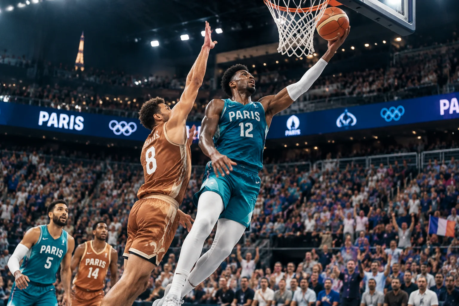 Action de basketball spectaculaire dans une enceinte parisienne comble
