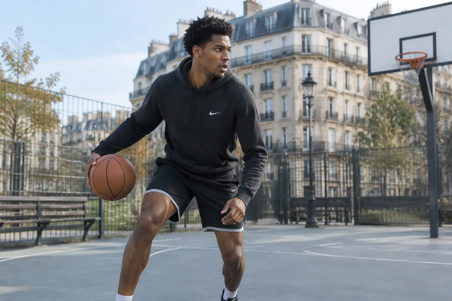 Jeune basketteur en plein entraînement sur un playground parisien